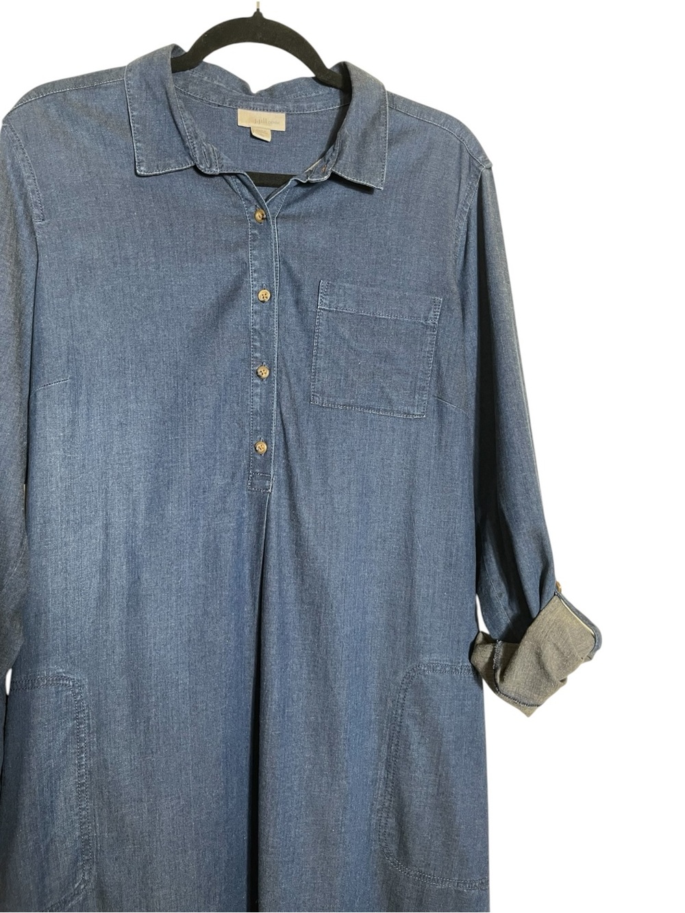 Denim Shirt Dress J.Jill Tall L Tencel Lyocell Roll Tab Sleeve Pockets - Picture 4 of 9